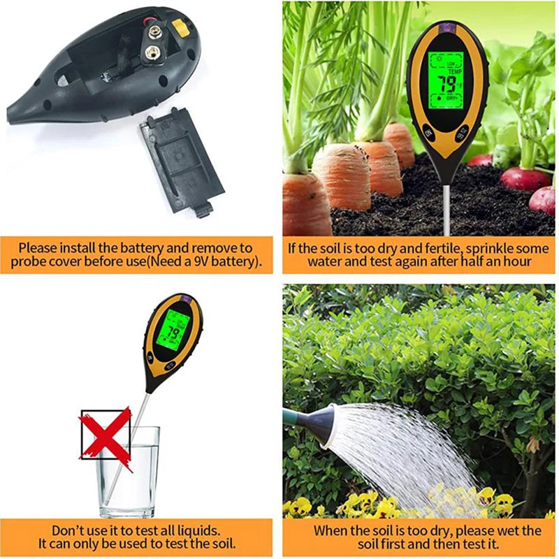 4 in 1 Soil PH Tester Light Sunlight Test Moisture Meter Temperature Tester. Qme