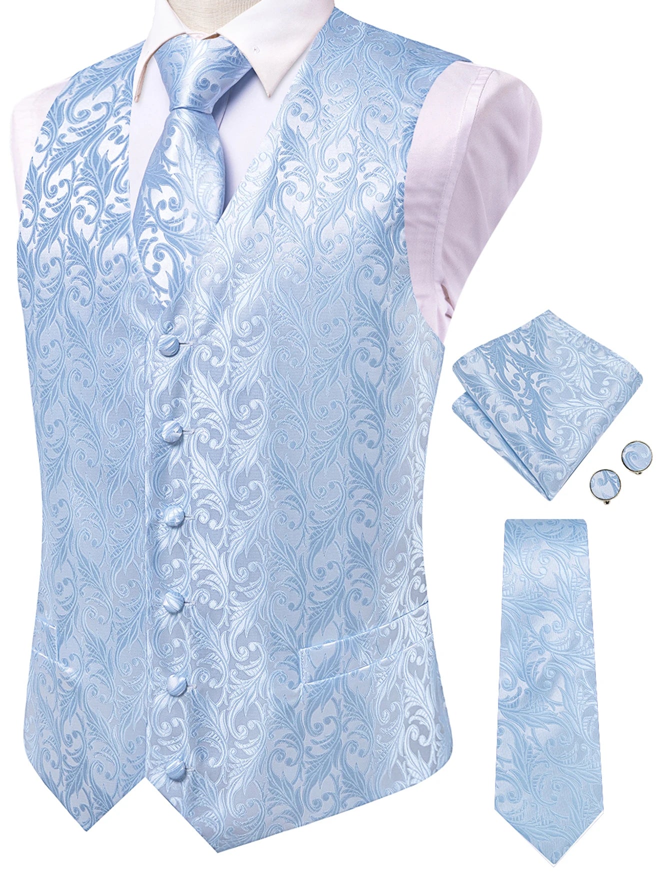 Men's Classic Floral Vest Tie Hanky Cufflinks Waistcoat Weddings Qme HT-MJ-0209 XXXL