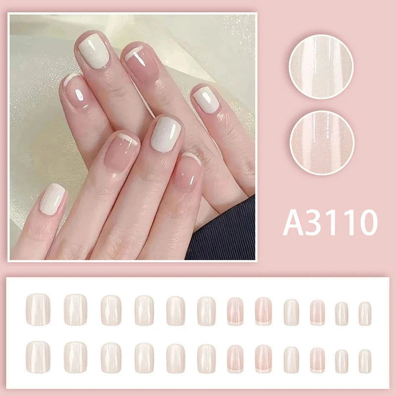 French Cream Nude Short Square False Nails Jelly Adhesive Detachable Qme