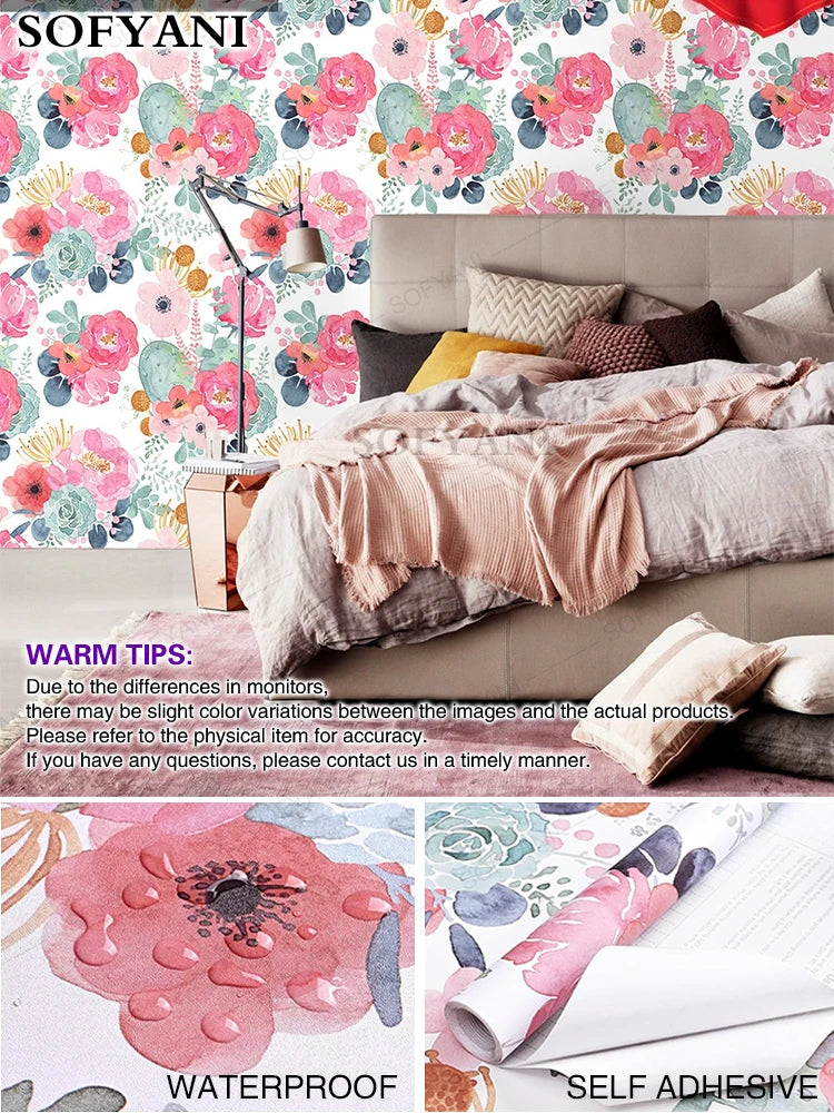 Floral Self Adhesive Wallpaper Waterproof Removable Wall Decal Qme White 45cmx8M