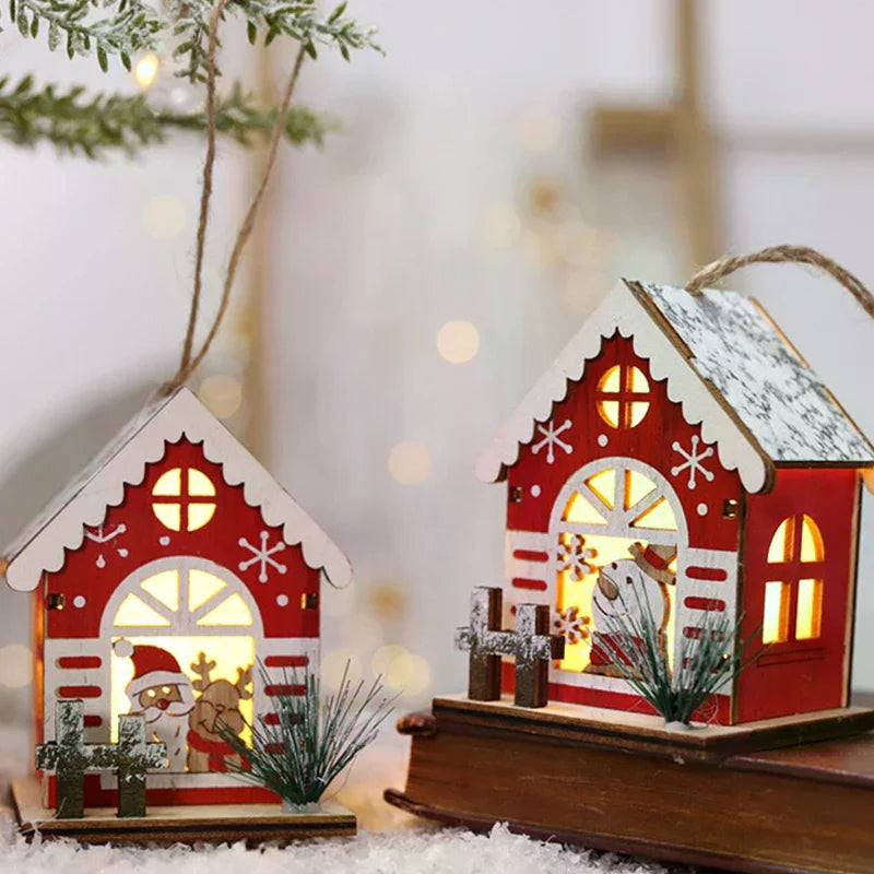 LED Wooden Christmas House Mini Xmas Snow Houses Wooden Winter Village Building Figurines Table Ornaments Holiday Party Decor Qme