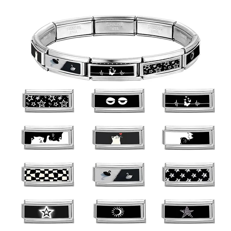 Fashion Personalized DIY Black Color Long Italian Charm Bracelet Butterfly Stars Moon Bead 9mm Bracelets Stainless Steel Jewelry Qme