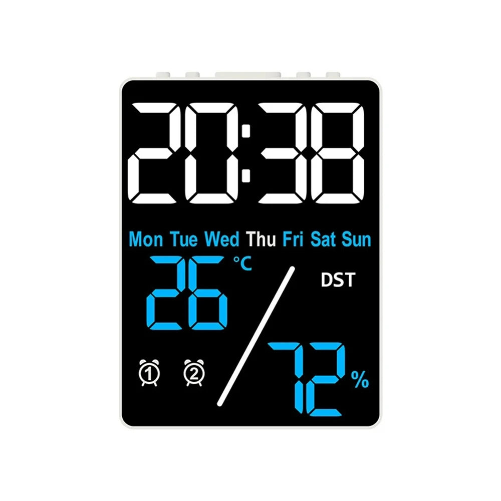 Digital Alarm Clock TEMP Humidity Date Week Disply 2 Alarm Snooze Electronic Table Clock 3-level Brightness 12/24H DST LED Clock Qme WBL