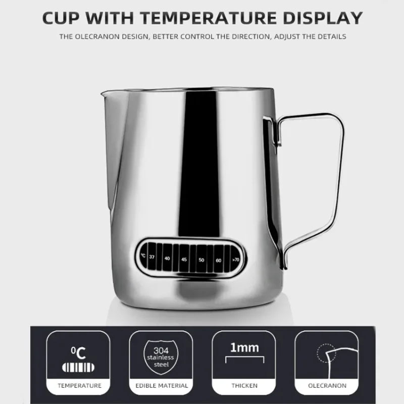 350mL Stainless Steel Milk Frothing Pitcher Temperature Display Milk Frother Pitcher Jug Cup for Latte Art Barista Kitchen Qme