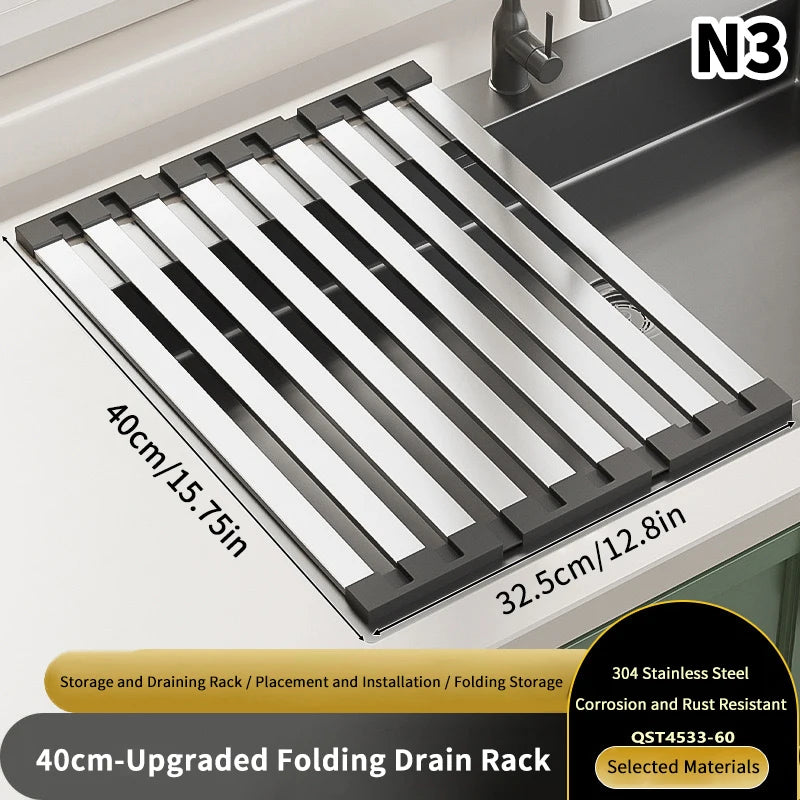 Stainless Steel Kitchen Sink Drain Rack Foldable Dish Drainer Bowl Qme 3