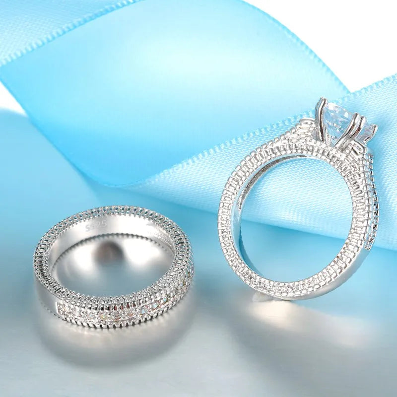 Elegant Wedding Engagement Couple Rings Set 925 Sterling Silver Color Anniversary Accessory With Full Shiny Cubiz Zircon Stone Qme