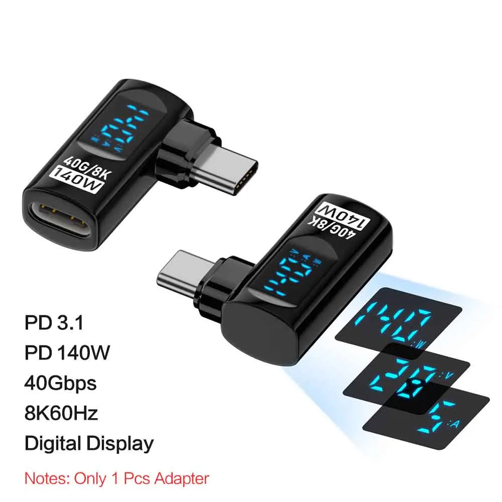 USB 4 Type C Adapter 40Gbps 140W 90 Degree USB C Adapter for Thunderbolt 4 3 Cable Connector Right Angle U Shape Digital Display Qme black CW