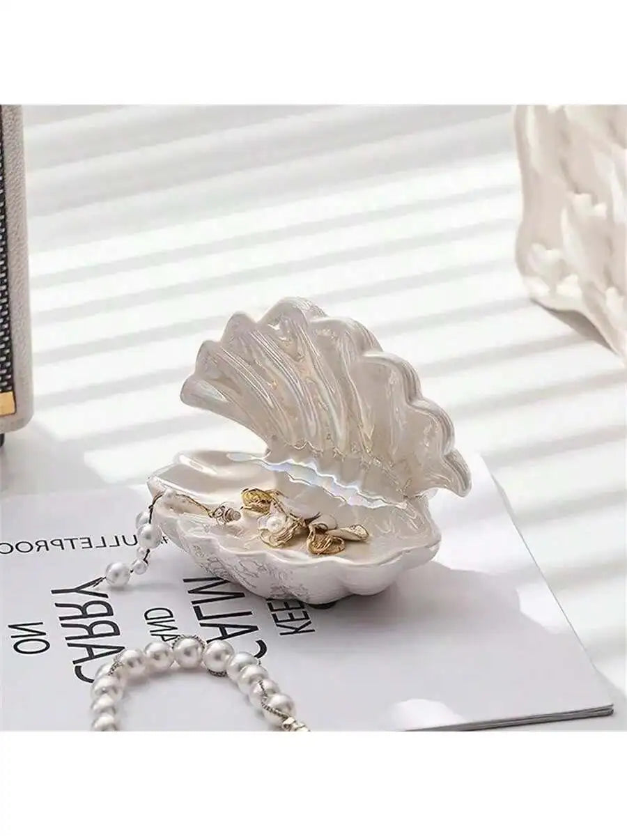 Shell Jewelry Tray Ceramic Clam Storage Ring Bracelet Earring Qme white