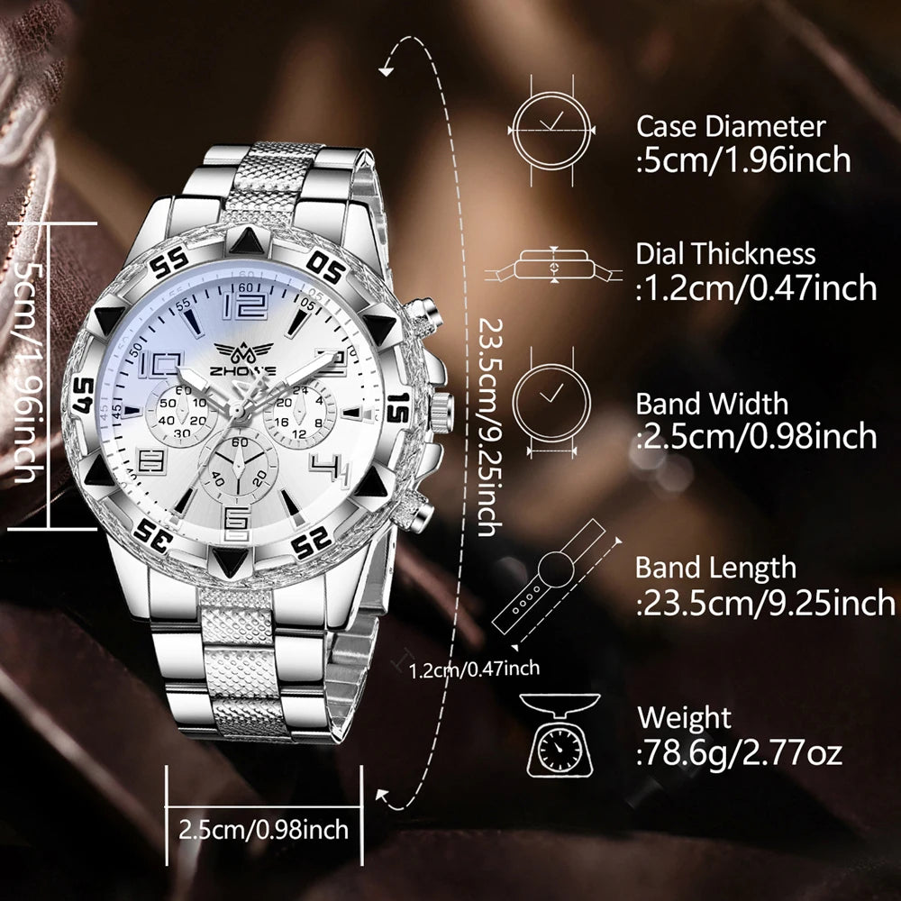 4PCS Silver Men's Fashion Casual Mixed Scale Dial Quartz Watch Bracelet Necklace Ring Set Suitable for Daily Wear Decoration Qme