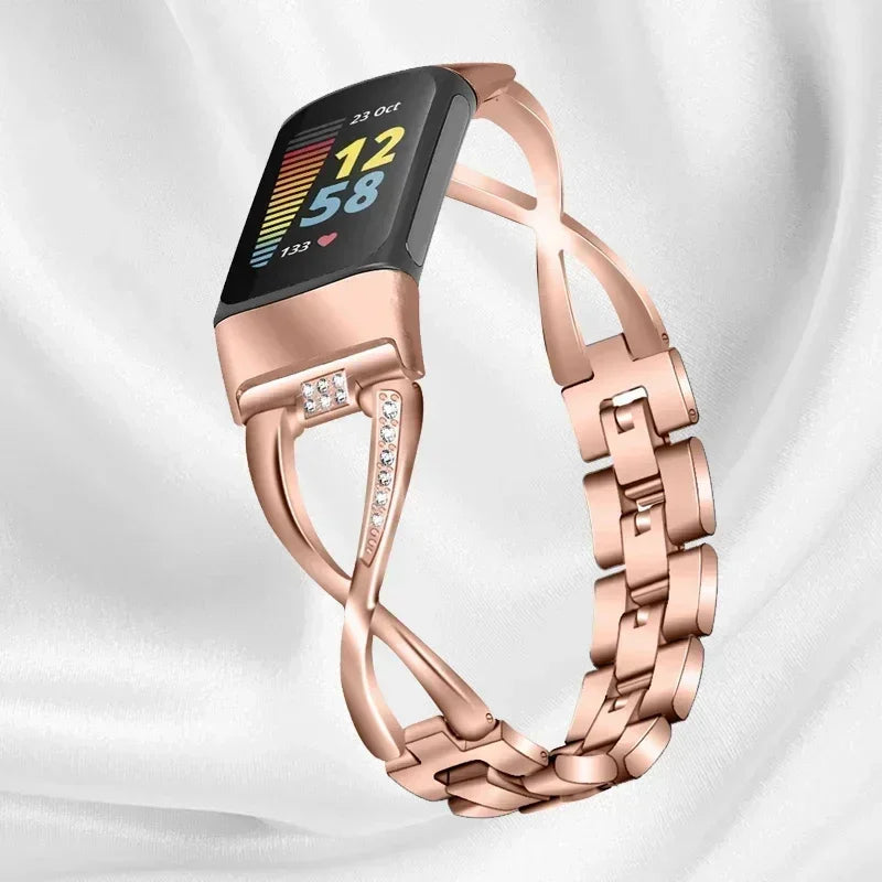 Fashionable Watch Band for Fitbit Charge 5 Smart Watch for Charge 5 Wrist Bracelet Band Zinc Alloy Diamond Strap Correa Metal Qme Rose gold For Fitbit Charge 5