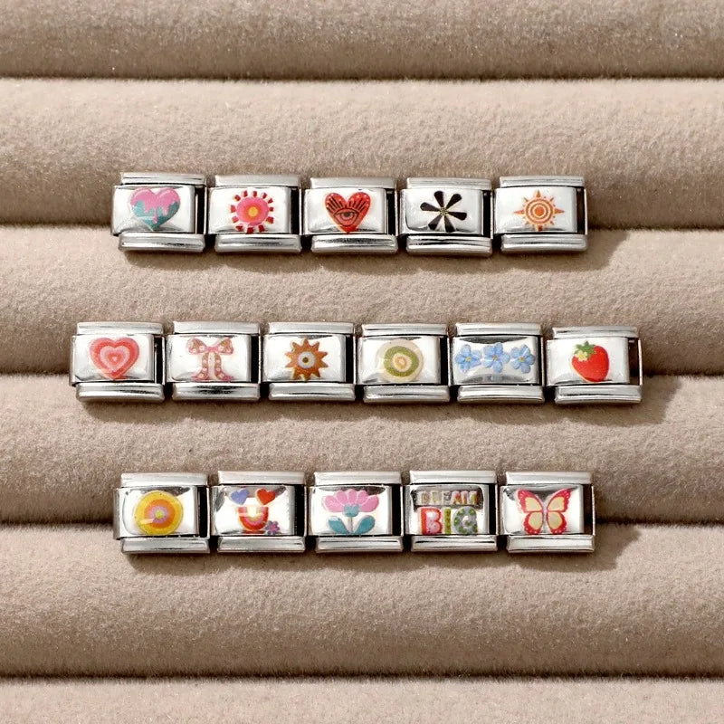 Women Men Fashion Color Series Pattern Heart Eye Sun Bead Charm Fit 9mm Italian Charm Bracelet Stainless Steel DIY Making Jewelr Qme