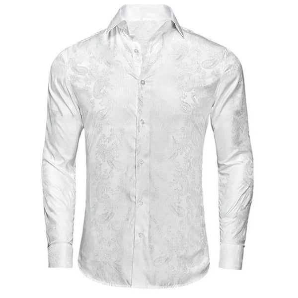 Single Paisley Long Sleeve Shirt Men, Pink or Apricot or White, Loose Collared Button Top For Daily Casual Outfit Qme