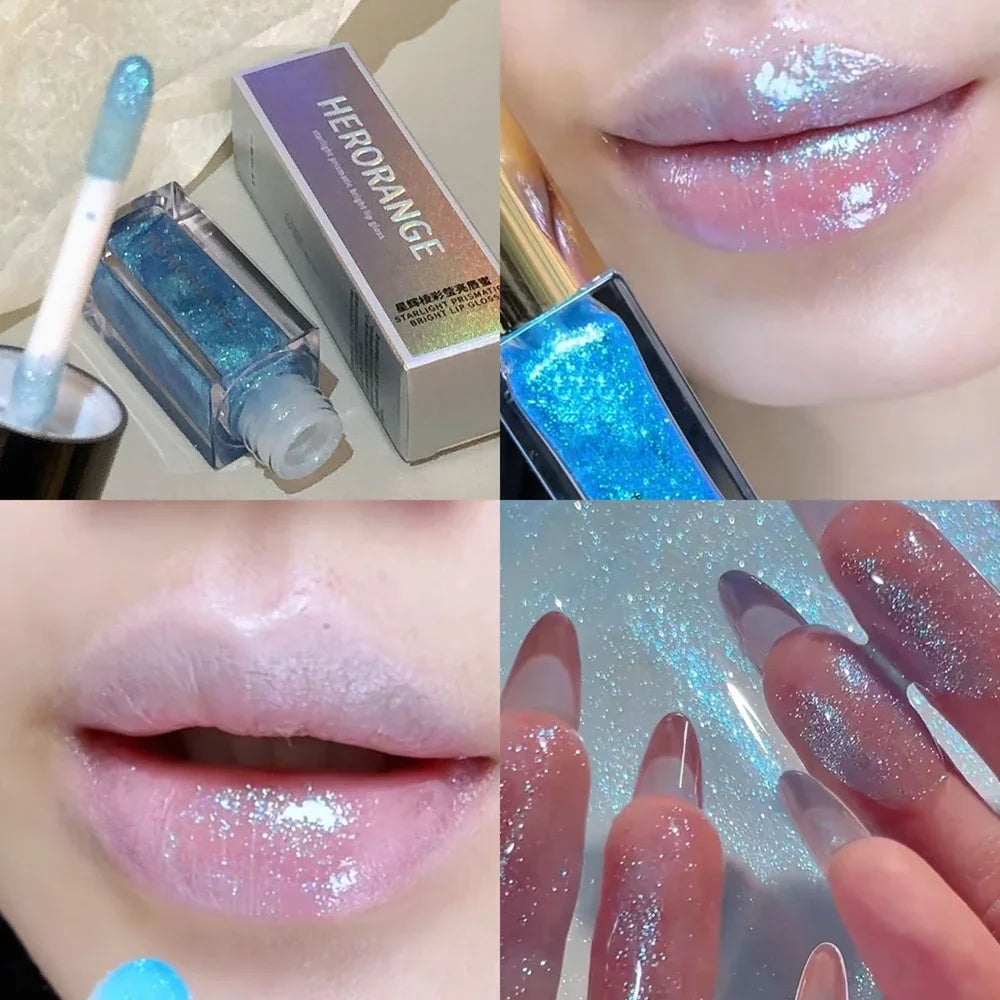  Multichrome Diamond Shimmer Lip Gloss Clear Glitter Metallic Pink Blue Orange Lip Stain Mirror-Shine Gloss 3D Sparkling Lips Qme 05