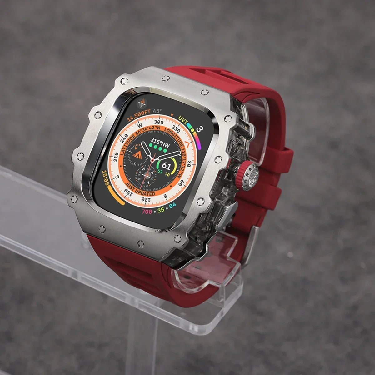 Luxury Modification Kit For Apple Watch Ultra 2 49mm Stainless Steel Case For IWatch 9 8 7 6 45mm 44mm Crystal Button Sport Band Qme Red-BTr 45mm-Series 9 8 7
