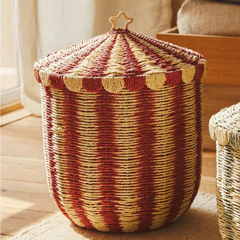 Vintage Woven Storage Basket Laundry Hamper with Lid Toys Sorting Box Household Organizer Multipurpose Décor for Room Home Qme Red SET-1Large1Small