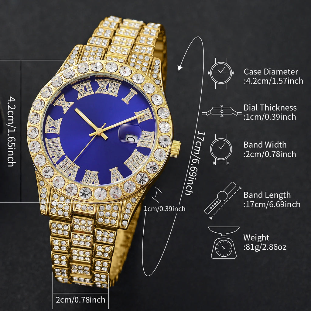 Men's Steel Band Quartz Watch Hip-Hop Business Steel Band Calendar Full Diamond Men's Watch Qme