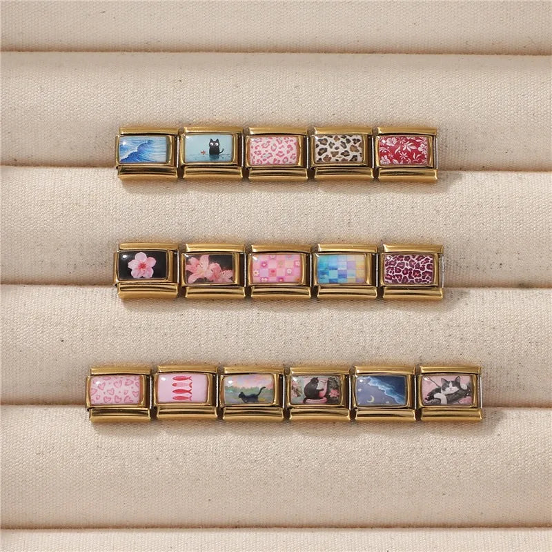 Wholesale Gold leaf Leopard Print Fish Cat Grassland Sea Charm Italian Links 9mm Stainless Steel Bracelet Women DIY Jewelry Gift Qme