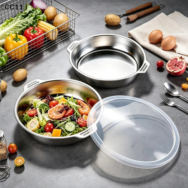 Round Stainless Steel Food Storage Container Lid Grade- Airtight Tray Qme