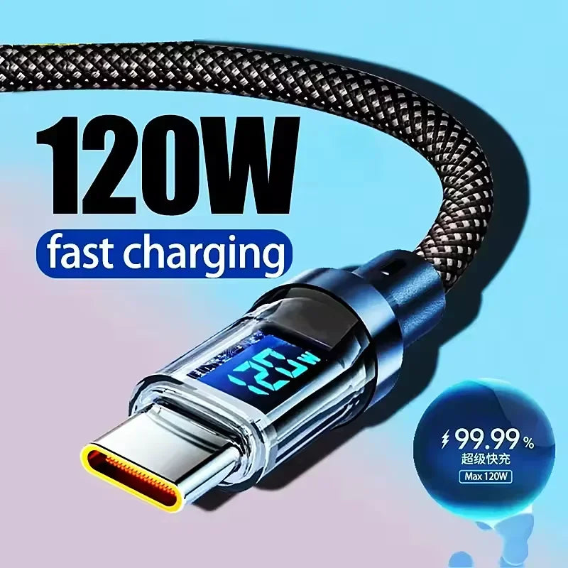120W USB C to Type C Data Cord LED Digital Display Quick Charge USB Cable 1/1.5/2M Portable PD Fast Charge Line For Home Office Qme