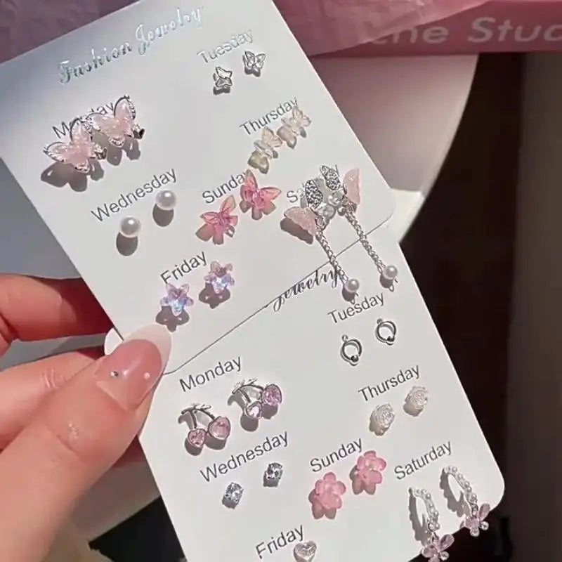 7 Pairs New Y2K Cute Butterfly Star Pearl Stud Earring For Women Exquisite Mini Earrings EMO Jewelry Gift Wholesale Direct Sale Qme