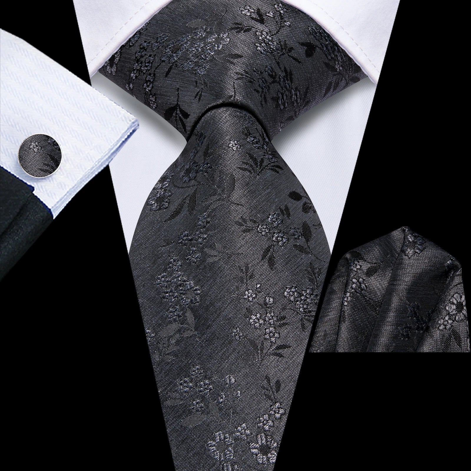 Hi-Tie Black Blue Orange Floral Mens Fashion Necktie Handkerchief Cufflinks for Tuxedo Classic Tie Man Gift Valentine's Day Qme HT-N-0120