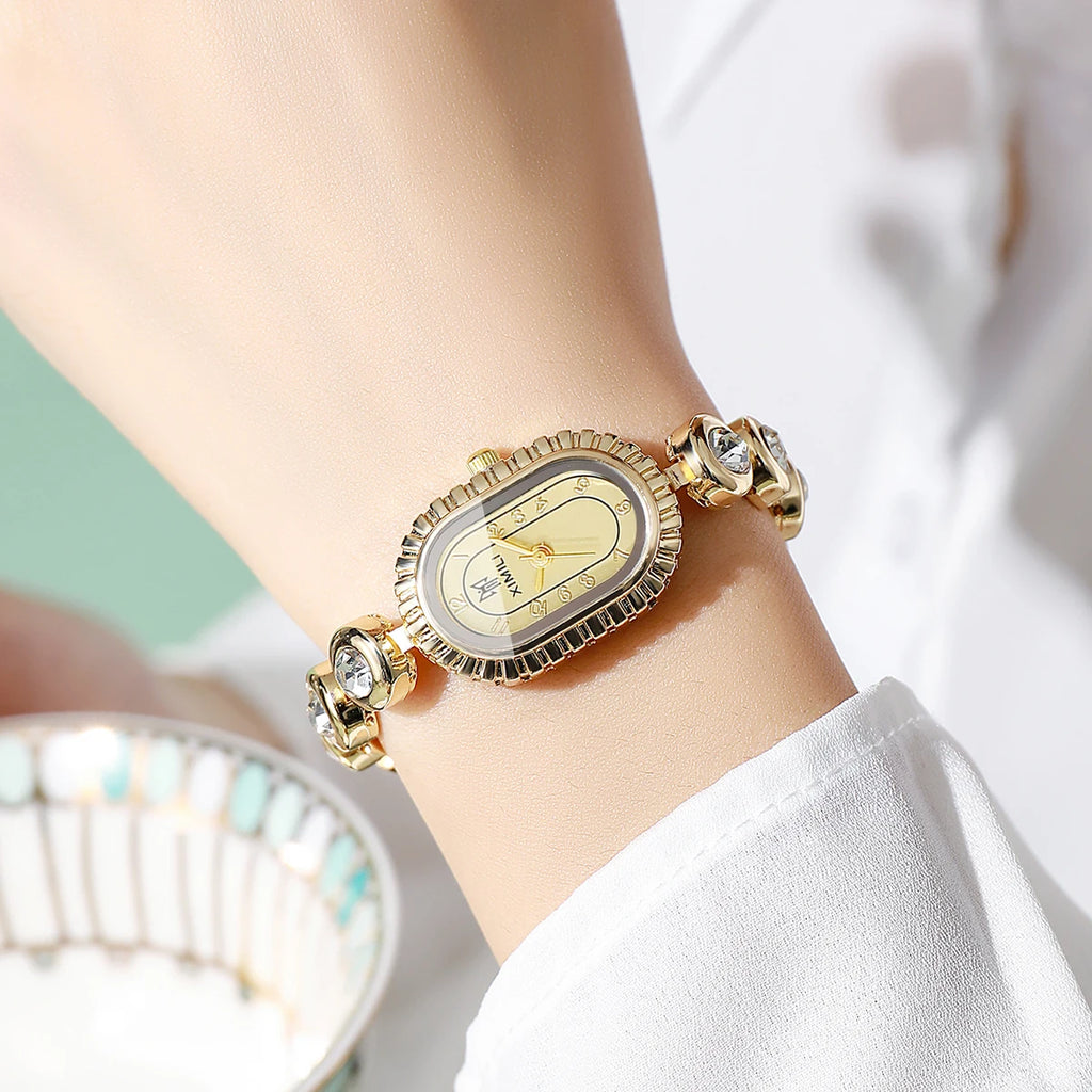 Women's Luxury Crystal Quartz Watch, Oval Gold Dial with Diamond Bezel and Gold Tone Band, Casual/Office Wear Qme