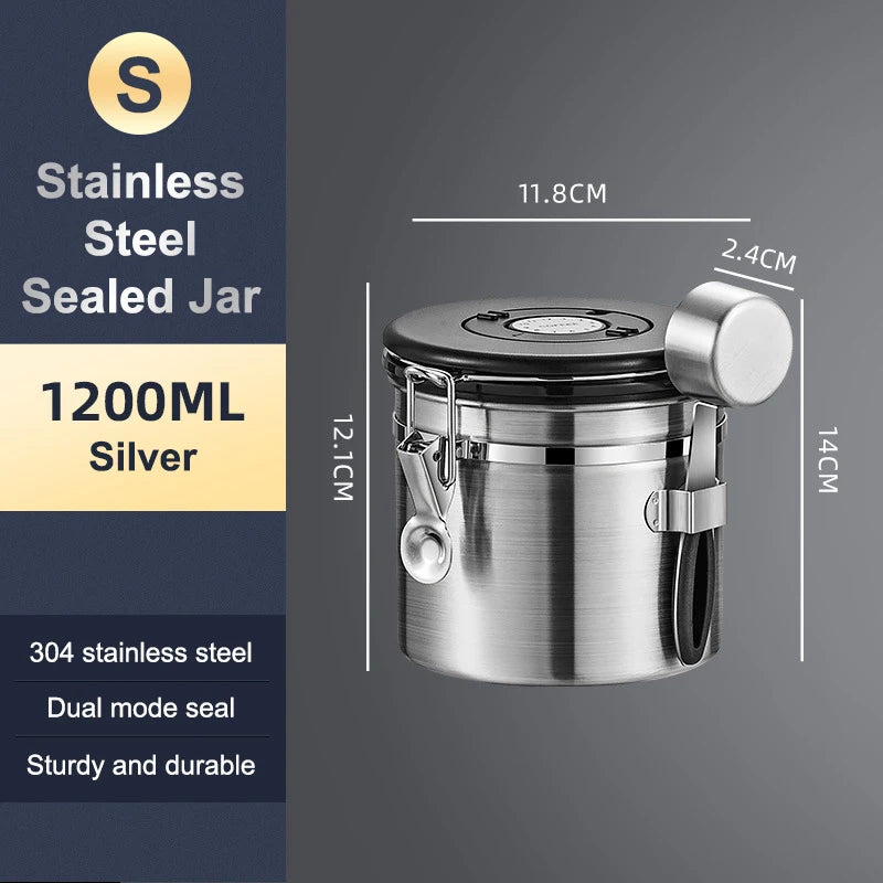 1 2 5 Coffee Bean Jar Airtight Canister Sealed Stainless Steel Spoon Qme 1200ml Silver