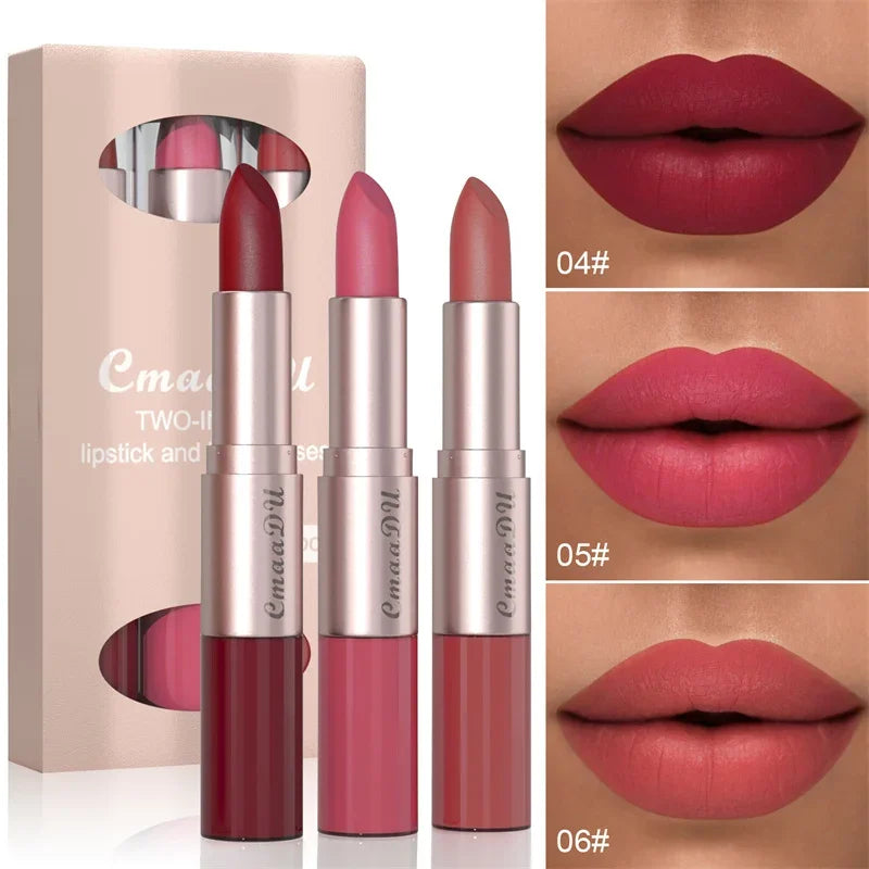 2 In 1 Double-ended Lipstick Lip Liner Pen Matte Pigment Non-stick Cup Skin Color 24H Lasting Waterproof Makeup Beauty Cosmetics Qme B-02