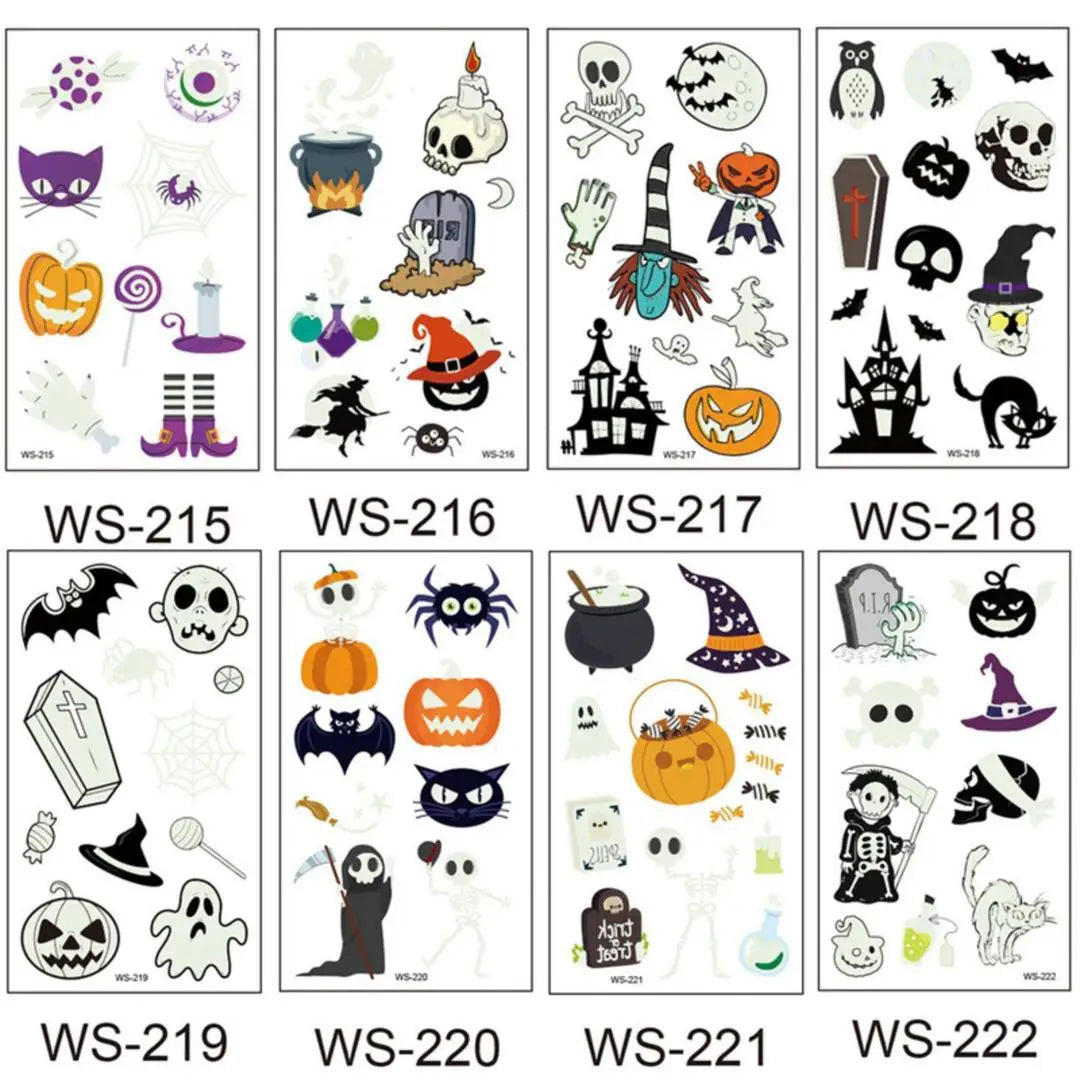 A Halloween Kids Toy Gift 6/8 Sheets Glowing Pumpkin Knife Fake Tattoos, Waterproof Body Stickers for Arm Hand Cosplay Decor Qme 8pcs WS-251WS222