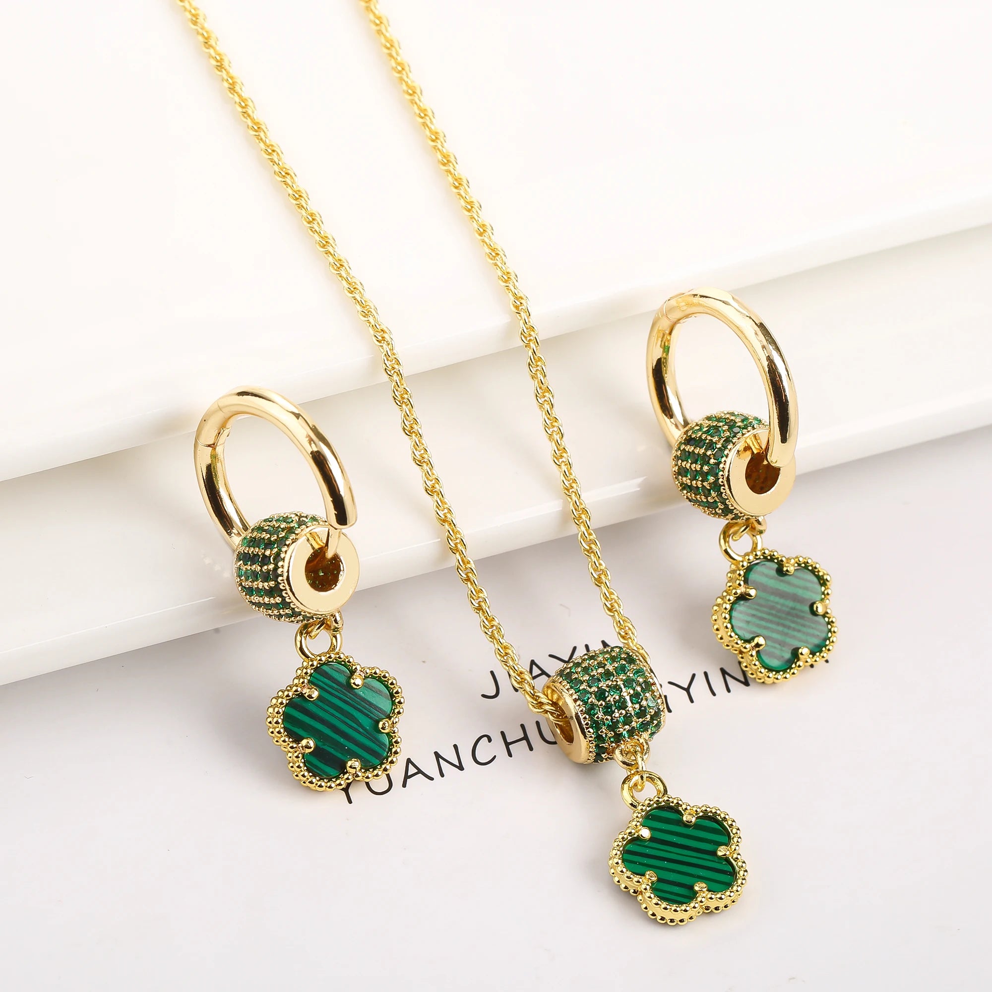 High Quality Natural Stone Five Leaf Flower Jewelry Set Zirconia Necklace Earrings Temperament For Woman Fashion Jewelry Clover Qme Jewelry Set 1