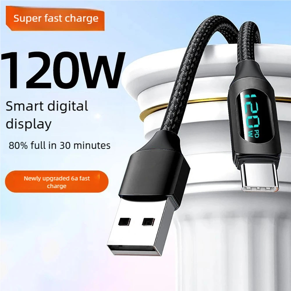 PD 120W Fast Charging Data Cable LED Digital Display USB C Nylon Braided Mobile Phone Charger Cord For iPhone 17 Samsung Xiaomi Qme