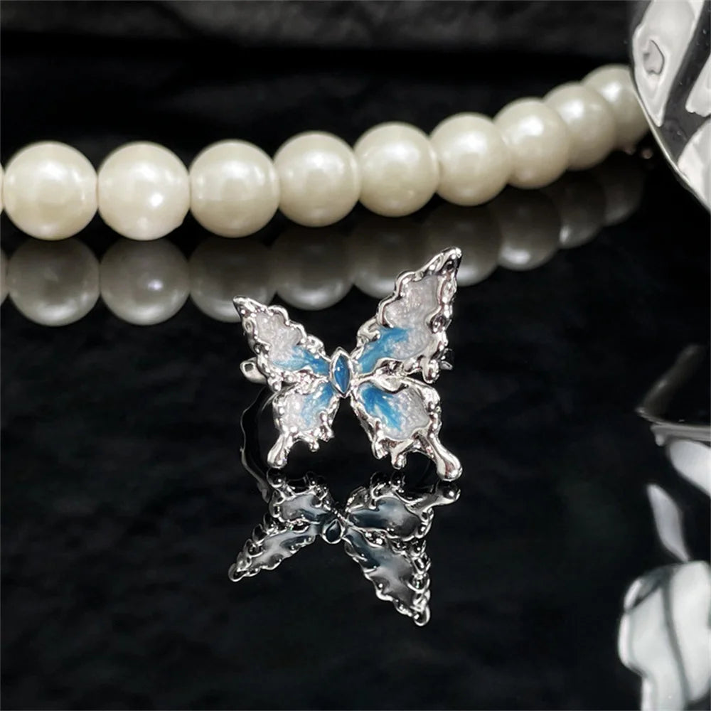 Blue Double Butterfly Open Ring with High Beauty New Vintage Light Luxury Fairy Style Versatile Finger Ring Qme -5 resizable