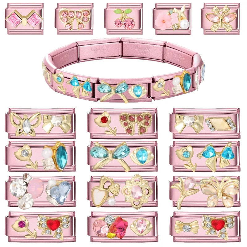 Shiny Colorful Zircon Bowknot Butterfly Garland Italian Charm Links Fit 9mm Stainless Steel Bracelet Women Y2K DIY Making Gift Qme