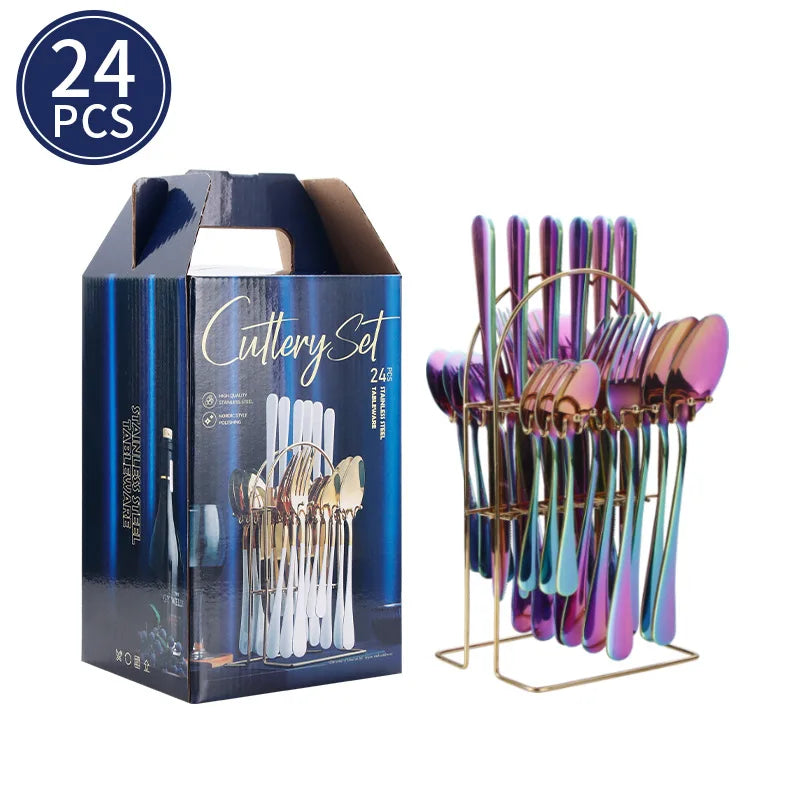24-Piece Stainless Steel Tableware Set,Western Cutlery Steak Knife Fork Spoon, Gift Box Set for Home Restaurant Wedding Gift Qme C-24Pcs Rainbow