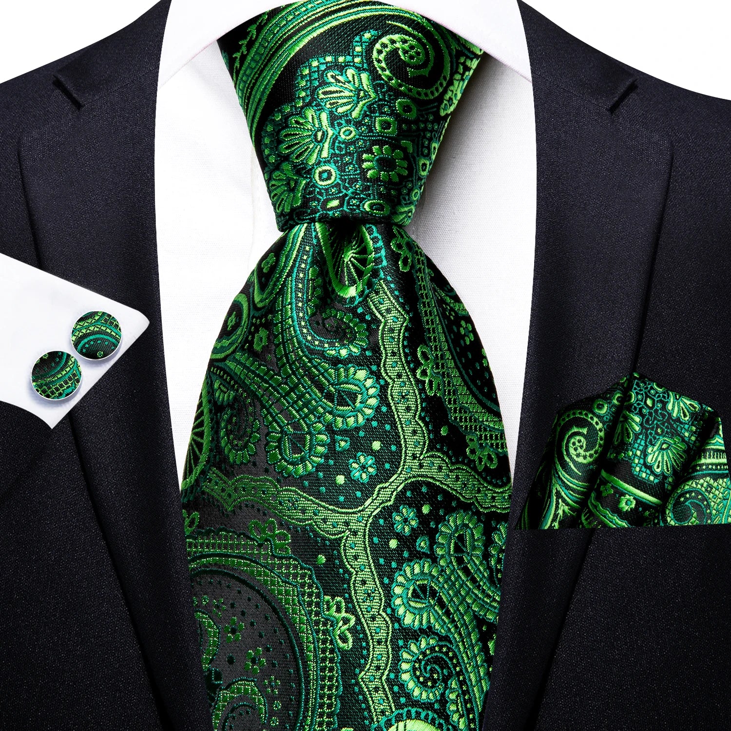 Hi-tie Paisley Dark Green Black Mens Elegant Necktie Handkerchief Qme N-3390