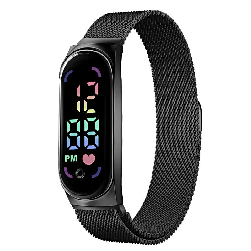 New Magnetic LED Electronic Watch, Student Sports Alloy Bracelet, Gift Children's Electronic Watch Qme black