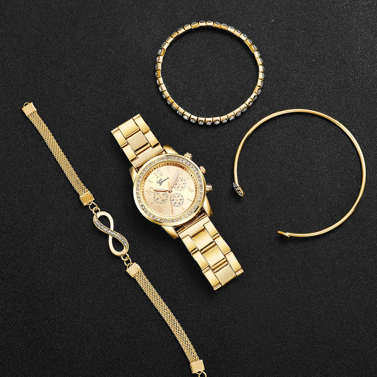 4 pçs moda feminina relógio de luxo strass banda aço senhoras relógio quartzo pulseira conjunto relogio feminino (sem caixa) Qme