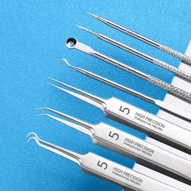 Ultra-fine Acne Pimples Blackhead Clip Tweezers Beauty Face Skin Care Cleaning Blackhead Remover Kit Acne Needle Hook Tool Qme