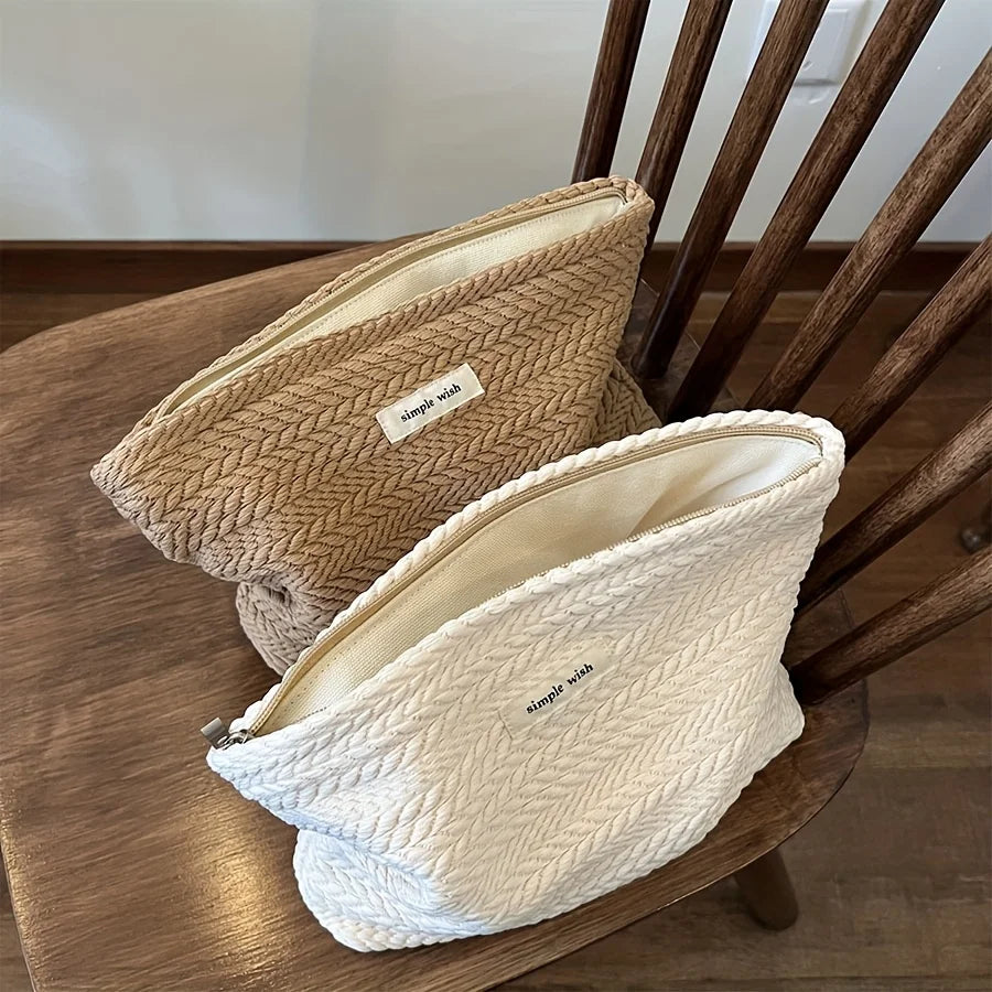 Nordic Style Embossed Weave Makeup Storage Bag Soft Fabric Cosmetic Pouch Portable Travel Toiletry Organizer Purse Qme