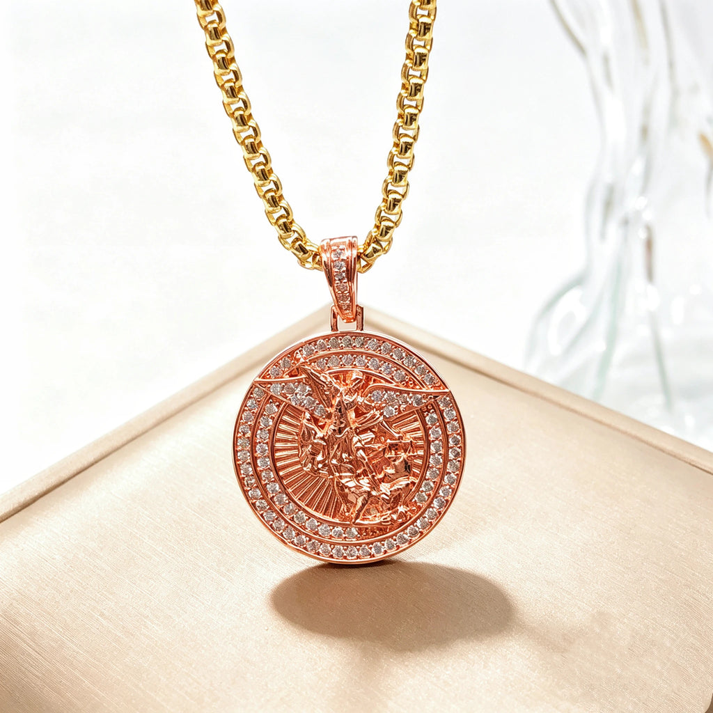 New Arrivals Medallion Religion San Miguel Archangel Zircon Necklace for Men Women Party Gifts Stainless Steel Choker Jewelry Qme 3 60cm