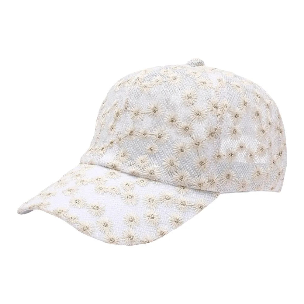 Casual Embroidered Flower Baseball Cap Adjustable Breathable Visors Qme Beige