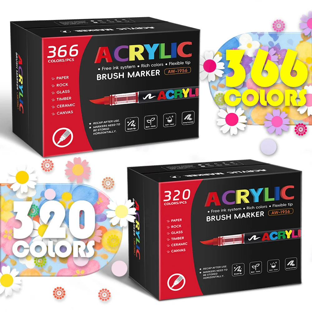 12-366 Colors Acrylic Paint Marker Pens Brush Tip Auto Ink Control Waterproof Quick Dry for Rock Painting DIY Craft Supplies Qme