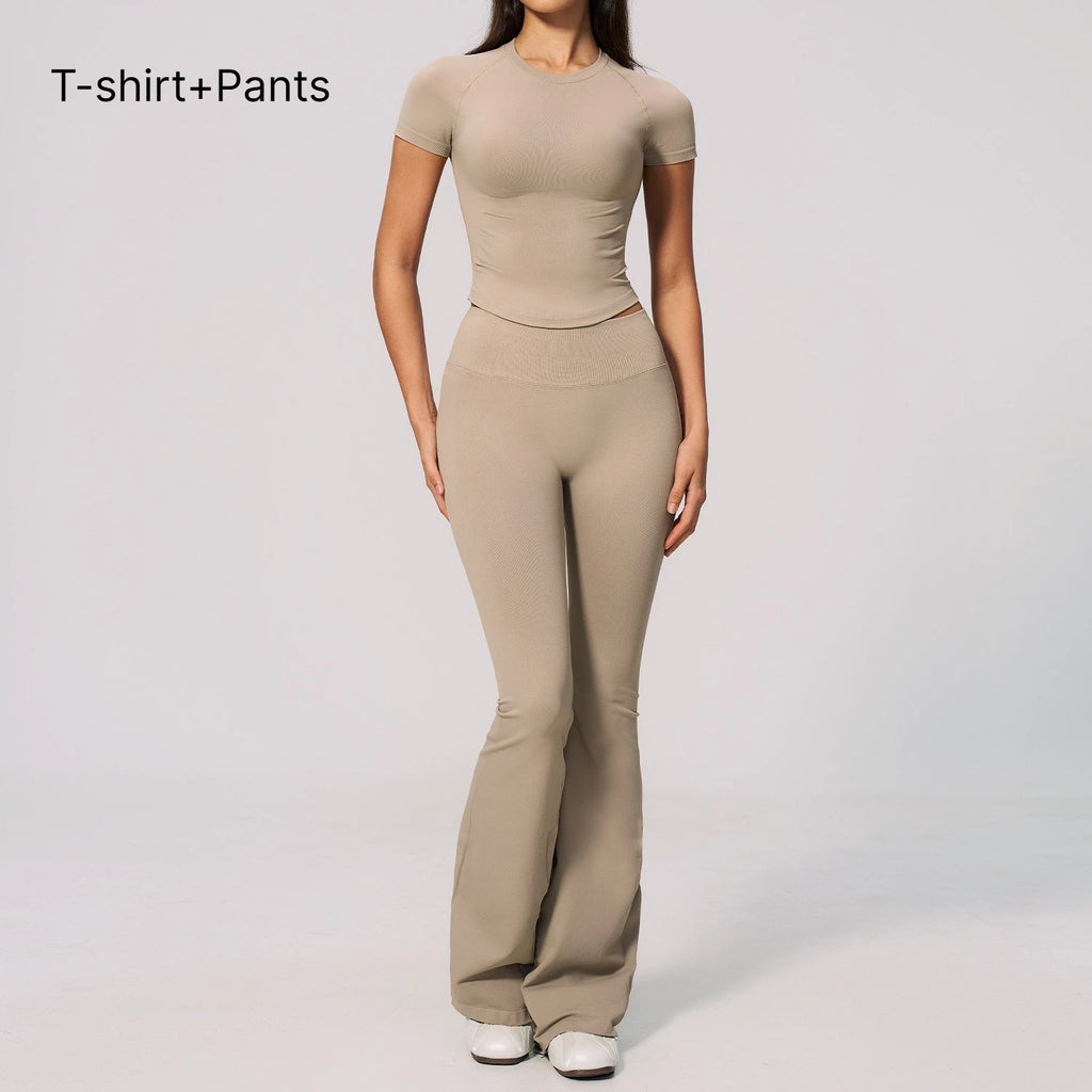 B New 2PCS Women Yoga Workout Suit, Short Sleeve Top with High Waist Flared Pants, Elastic Sportswear for Gym Cycling Fitness Qme 2pcs Khaki XL