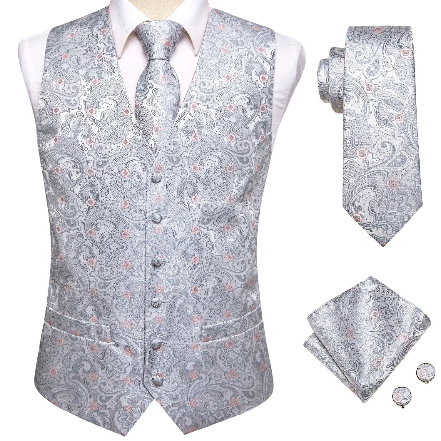 Hi-tie Mens Suit Vests Necktie Hankerchief Cufflinks Silk Slim Fit Qme 0044 M