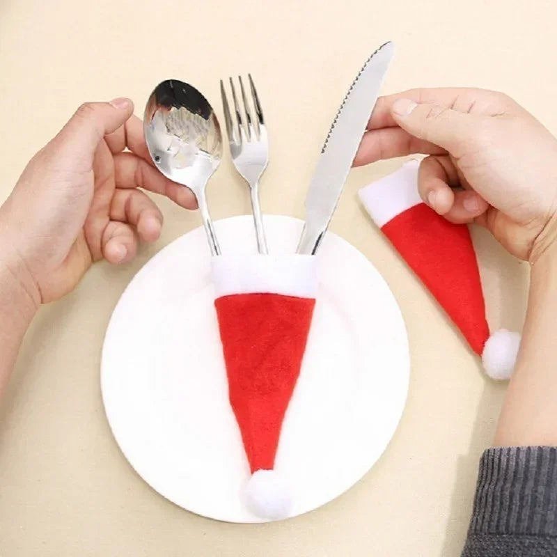 Christmas Tableware Bag Holder Mini Christmas Hat Fork Knife Cutlery Bag Xmas Ornament Decor Merry Christmas Decoration Qme