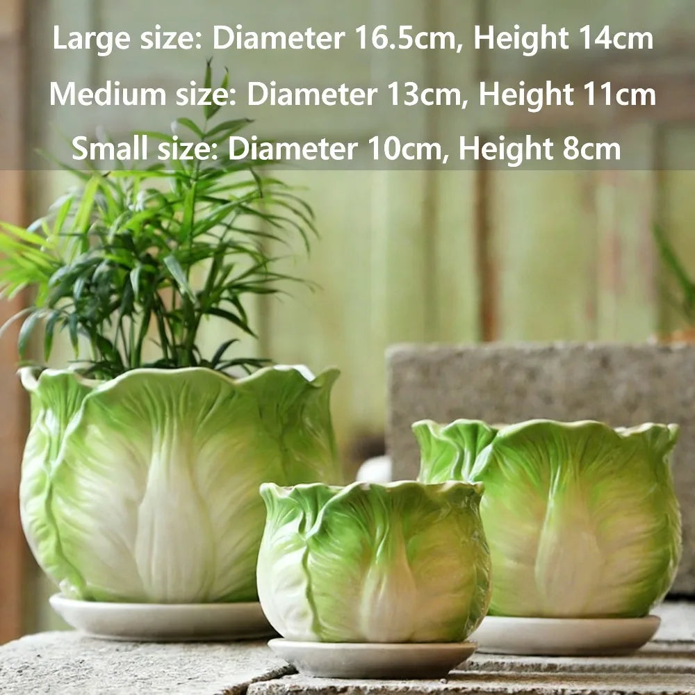 Ceramic Plant Pots Set of 3 Planters with Drainage Holes Flower Pot Outdoor Indoor Modern Decor for Garden Succulent Pots Qme Green Cabbage-3PCS
