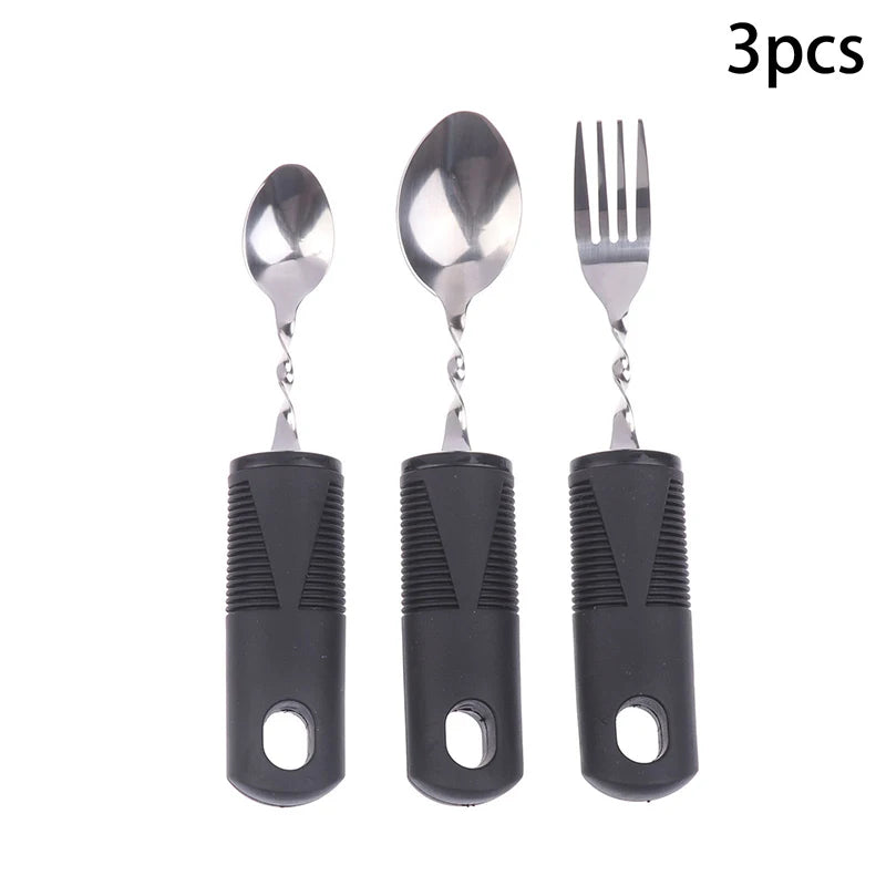 2 Stainless Steel Bendable Adaptive Cutlery Textured Handle Utensils Qme 3PCS Black