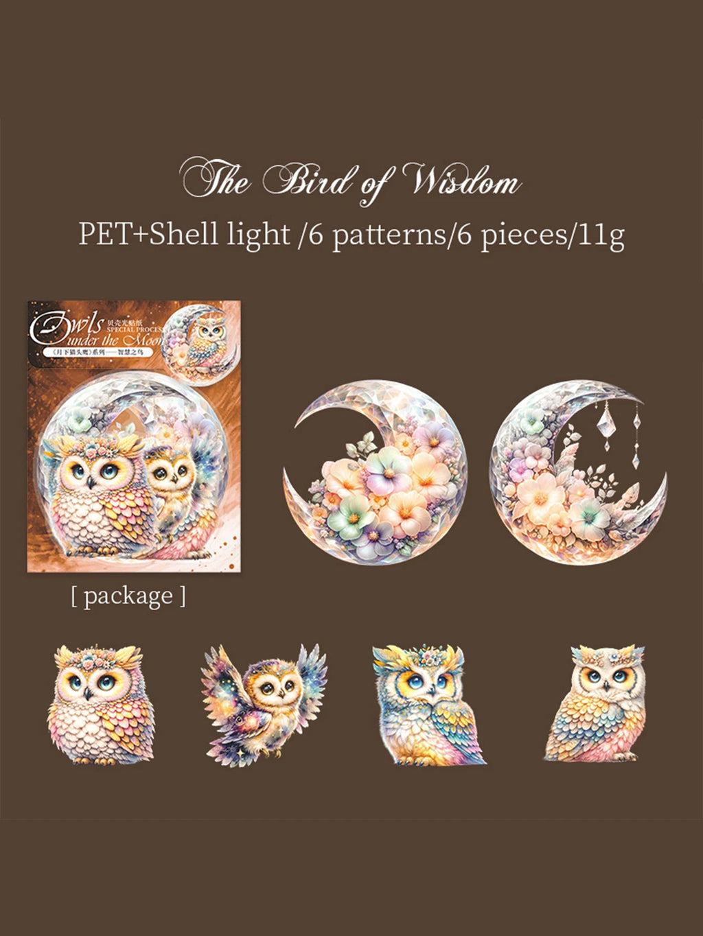 Sticker Pack 6pcs/bag PET Iridescent Owl Sticker Pack Handbook DIY Scrapbook & Journal Decoration Sticker Pack Qme 4