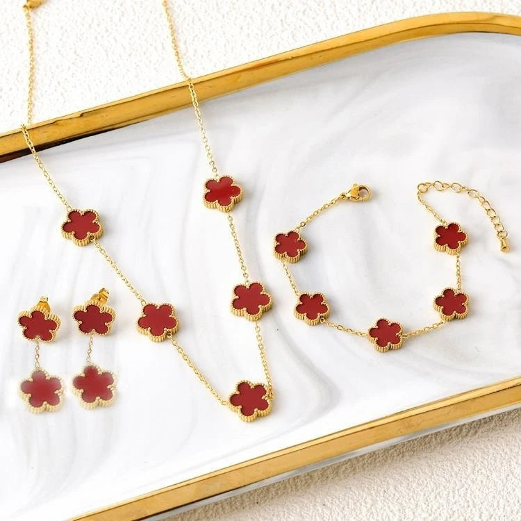 New Trend Five Leaf Flower Stainless Steel Jewelry Set Bracelet Necklace Earrings Classic for Woman Party Luxury Jewelry Clover Qme Jewelry Set 4