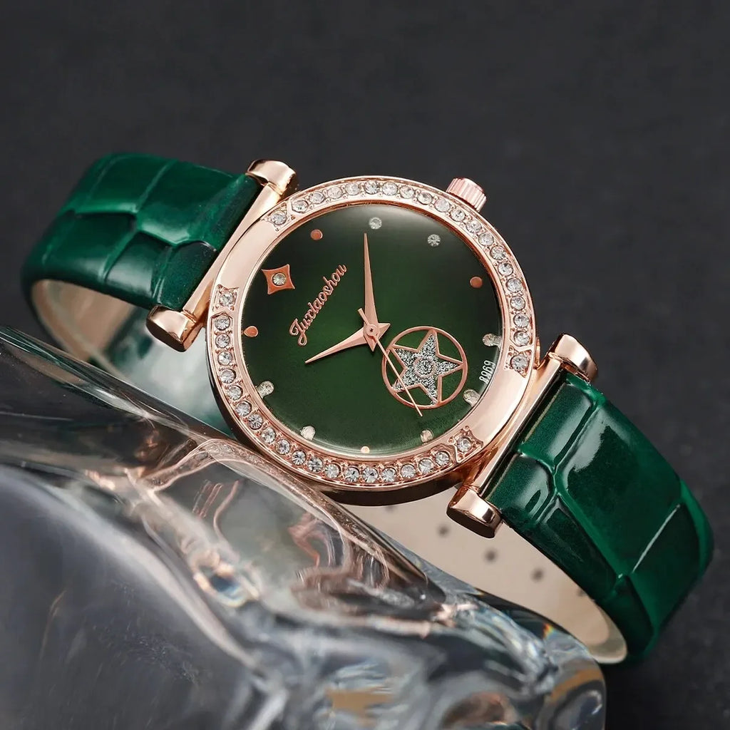 Rose Gold Ladies Green Leather Watch Set Water Drop Emerald Crystal Jewelry Necklace Earrings Ring Party Ornament Kit Qme